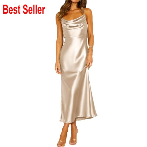 Dresses & Skirts - Satin Spaghetti Strap Cowl Neck Backless Midi Dress Ruched Cocktail